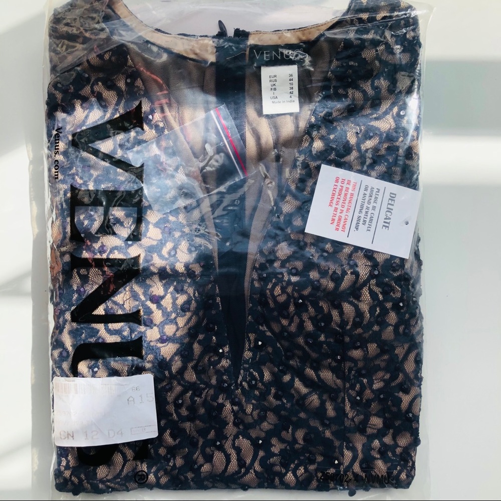 New Navy Long Lace Beaded Dress Long Sleeve - Picture 9 of 11